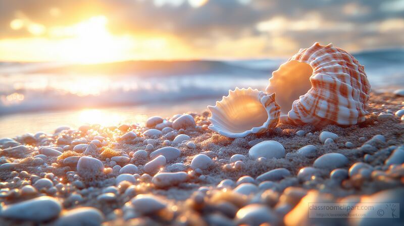 Sunset over the beach with seashells and sea waves near the shoreline creating a serene coastal scene