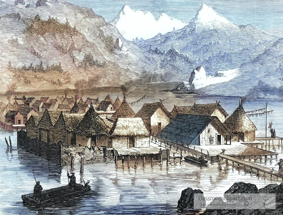 swiss lakevillage historical illustration africa