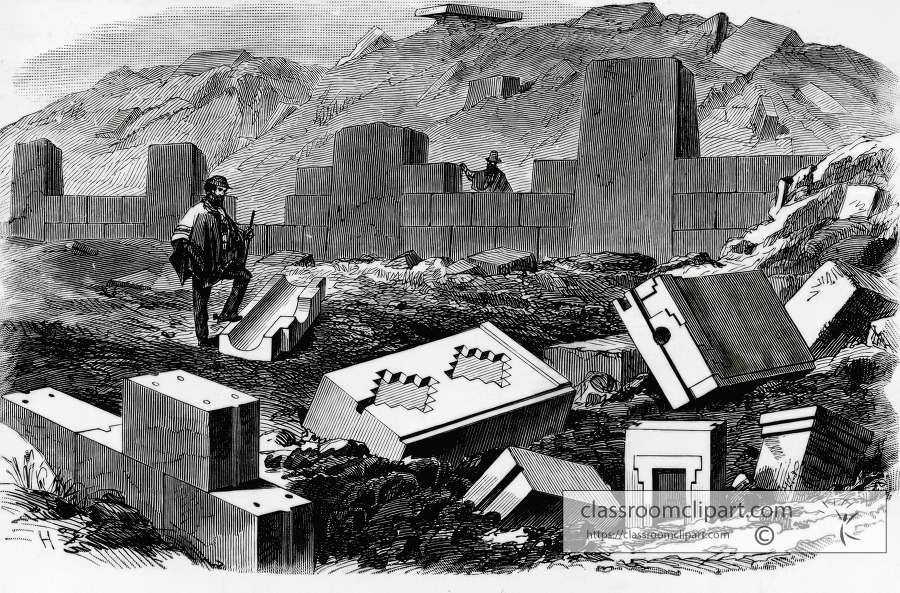 terrace walls and scattered blocks of stone historical illustrat