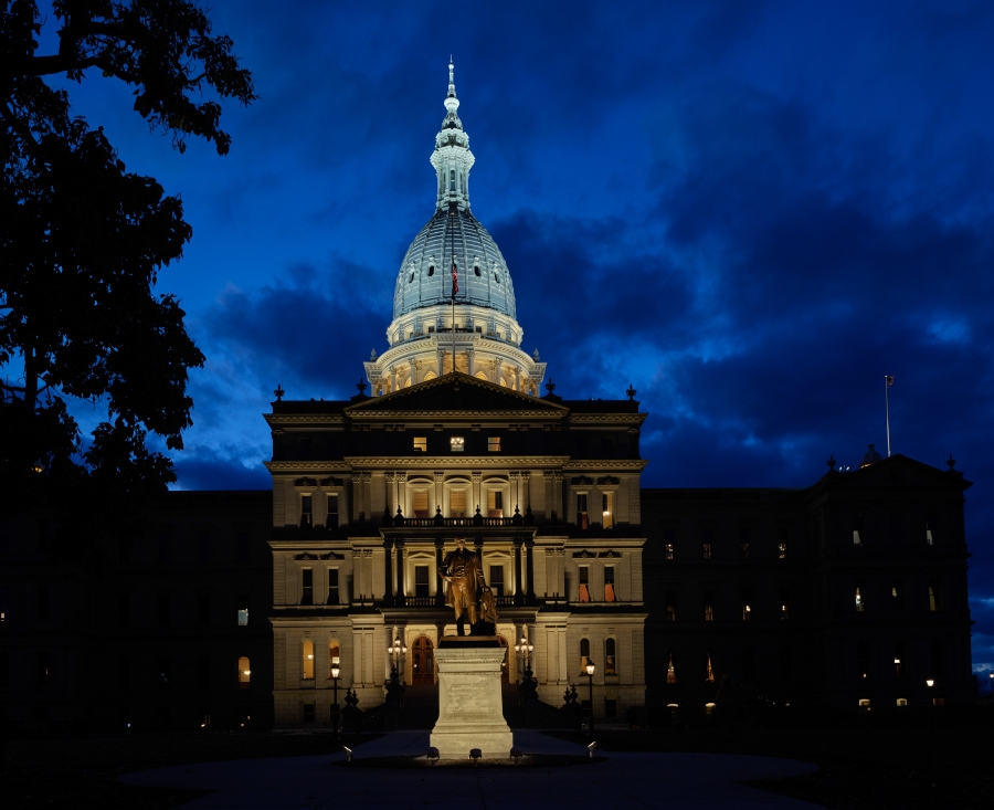 The Michigan state capitol in Lansing at dusk