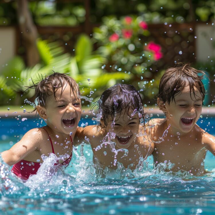 three children playing in a backyard swimming pool