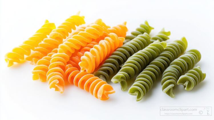 Three colorful fusilli pasta pieces in yellow orange and green