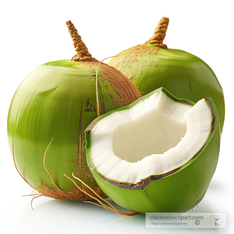 three fresh green coconuts one open to reveal white edible meat