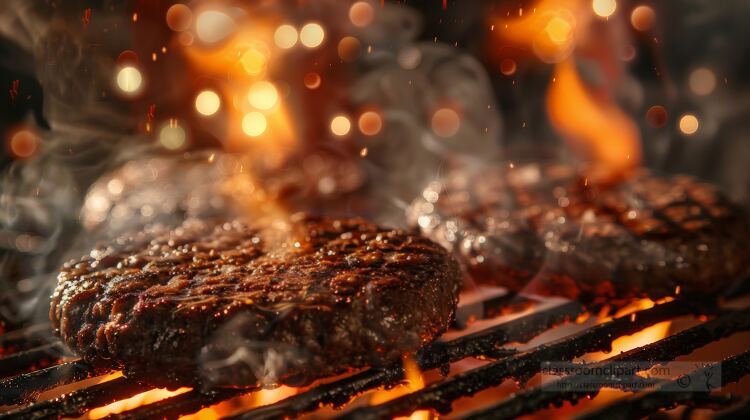 Three juicy seared hamburgers cooking on a grill with flames