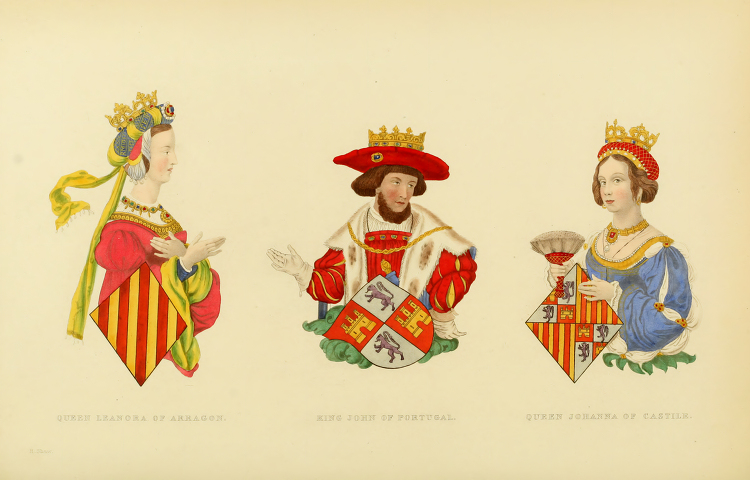 three portraits of medieval kings and queens color illustration.