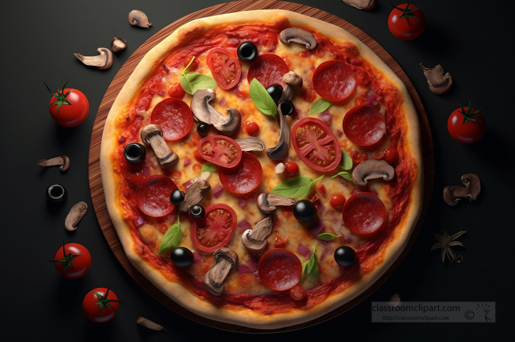 top view of whole pizza pepperoni mushrooms olives and tomatoes