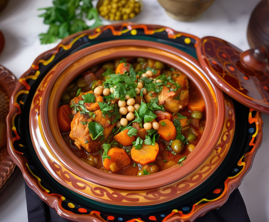Traditional Moroccan chicken dish with chickpeas in a clay tagin