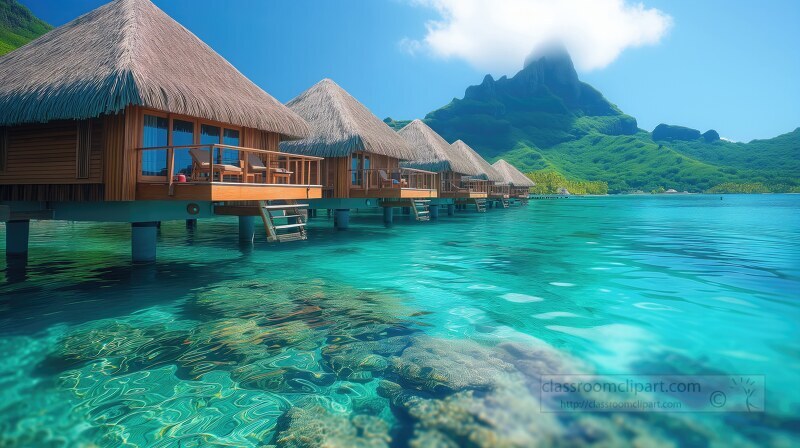 Tropical overwater bungalows with thatched roofs in a serene blu