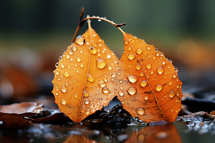 Fall Pictures-two autumn leaves with dew on blurry background