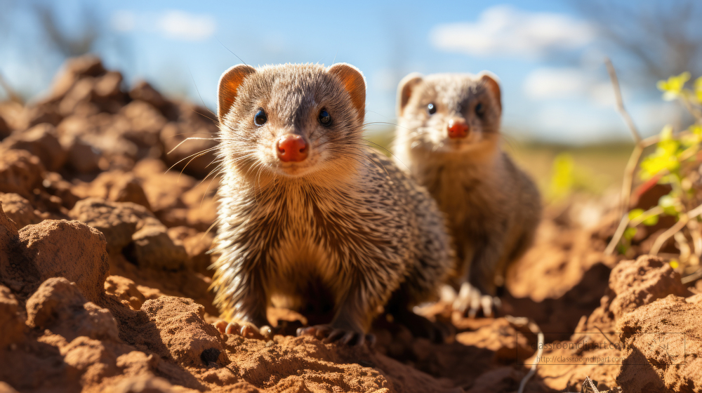 two banded mongoose climbing up termite hill
