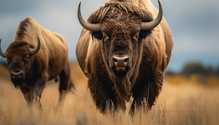 two bison standing in a field of tall brown grass