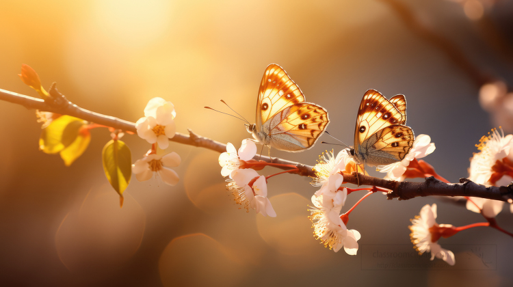 two butterflies resting on apple tree blossoms