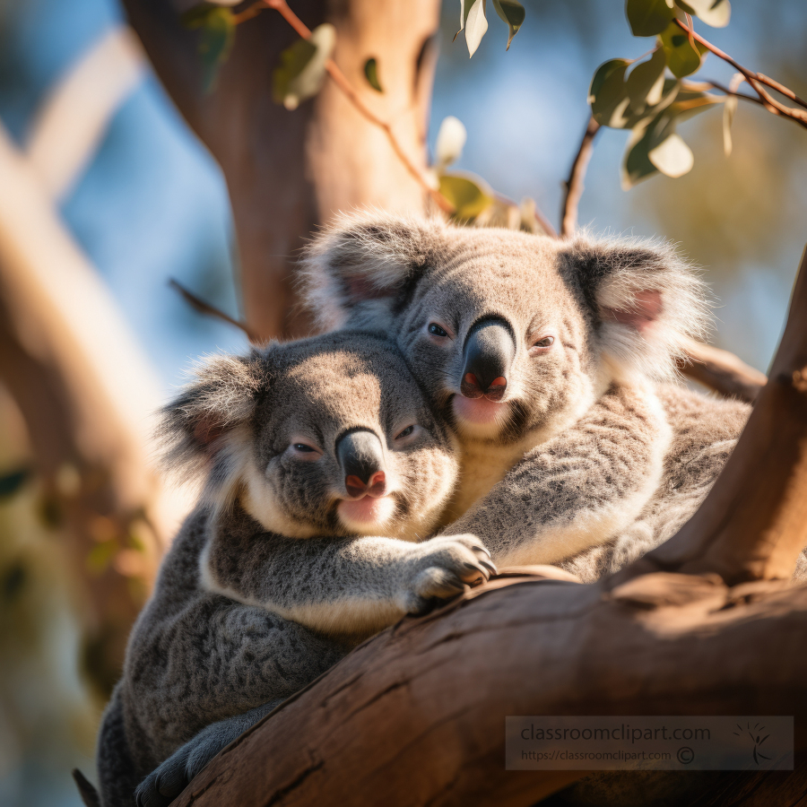 two cute koalas cuddle in a tree