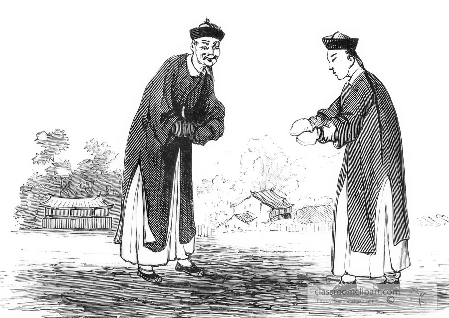 two men greeting in china historical illustration