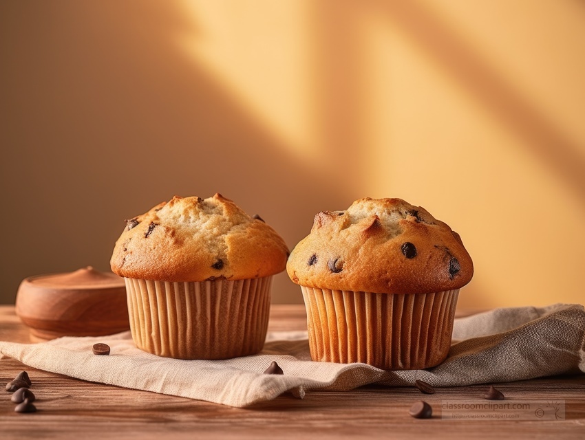 Two muffins placed on a wooden table with a blurred background