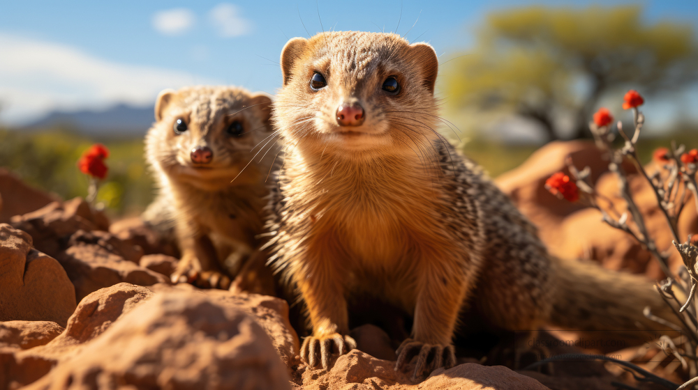 two young banded mongoose climbing up rocks in africa