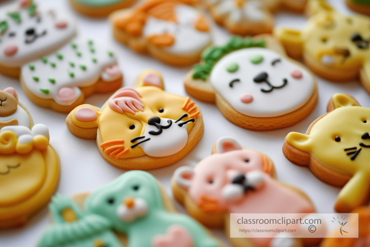 variety of cute iced cookies shaped like cats and other animals