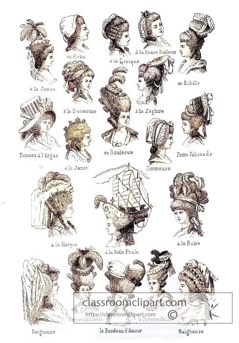 Various 18th century france womans headdress color illustration