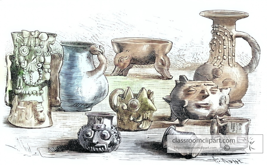 Vases Found at Tenenepanco mexico colorized historic illustratio