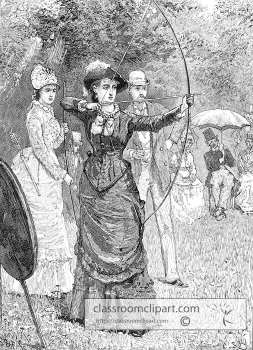 Victorian woman with bow and arrow spectators in the background