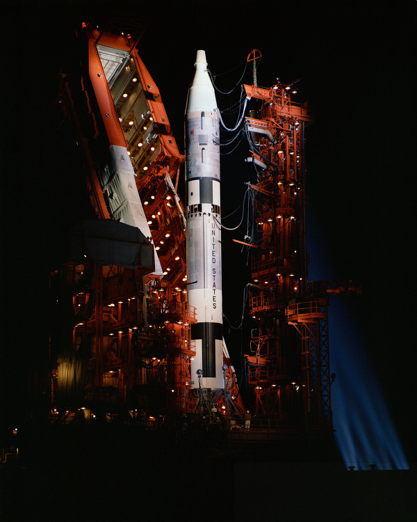 View of a Gemini Titan spacecraft on launch pad at nigh