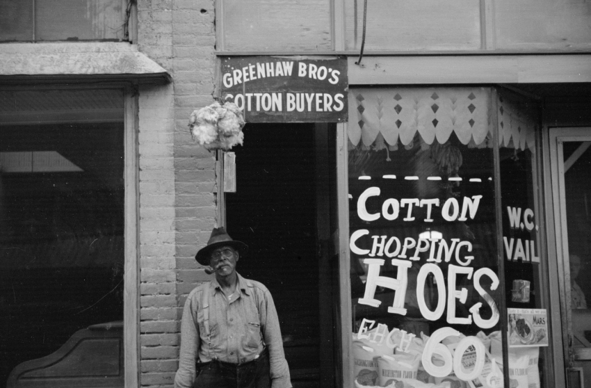 view of store and cotton trader in small Arkansas town 1936
