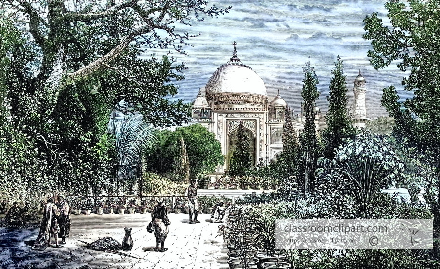 view of taj mahal from the garden india historical illustration