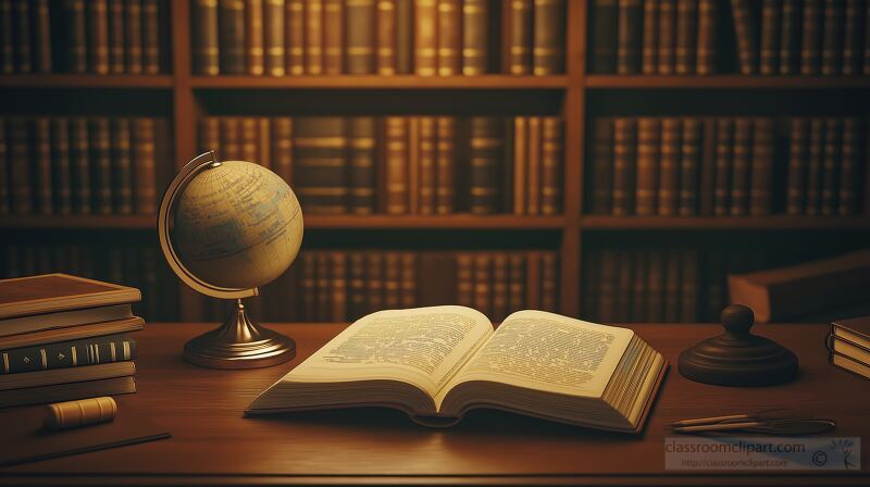 A vintage wooden desk is adorned with an open book, sharpened pencils, and a globe against a backdrop of tall bookshelves, all softly lit with warm amber tones