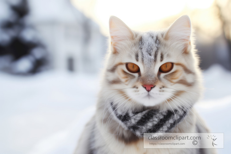 white and grey cat wearing a scarf in the snow