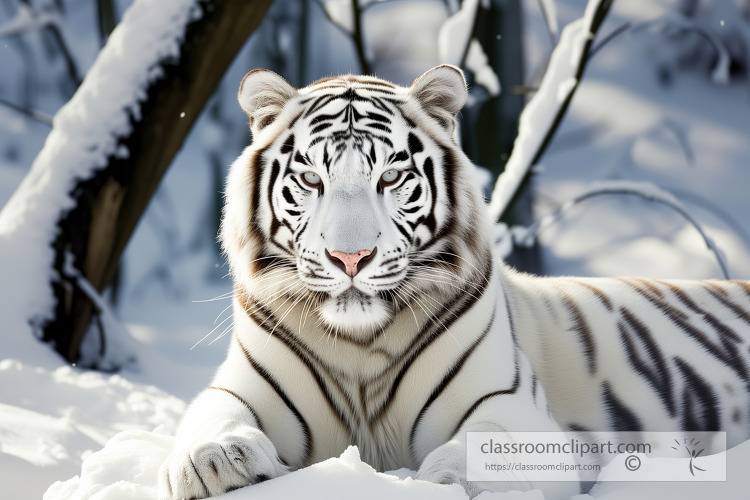 white tiger resting in the snow covered winter wonderland