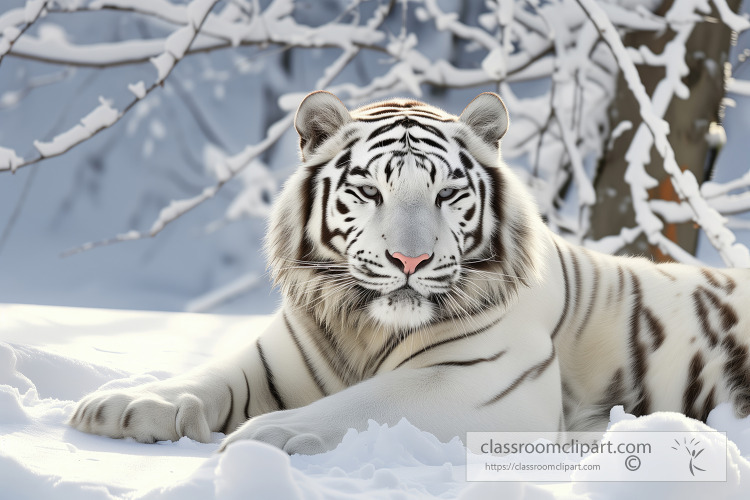 white tiger with striking black stripes lounging in the snow