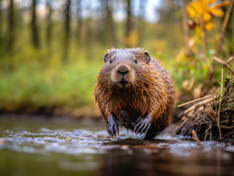 Wild beaver runs across stream