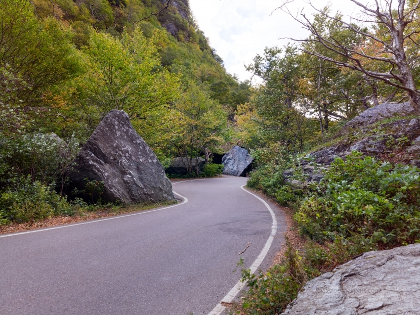 Winding road through the rocks of Smugglers Notch vermont