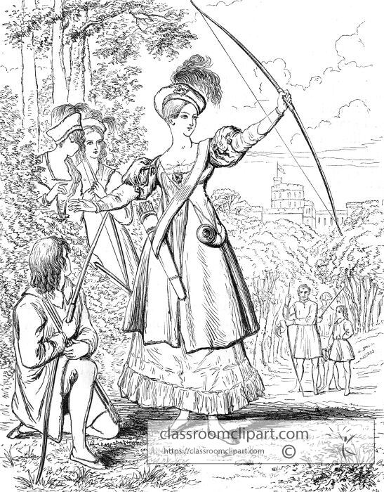 Woman in historical dress aiming a bow in a forested setting