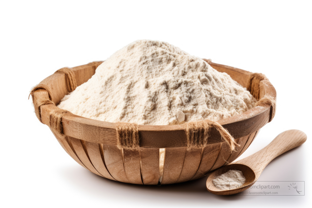 wooden basket of wheat flour with a spoon