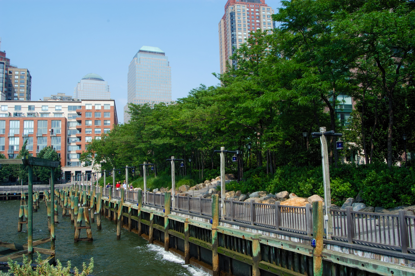 wooden boardwalk along a waterfront with urban buildings and gre