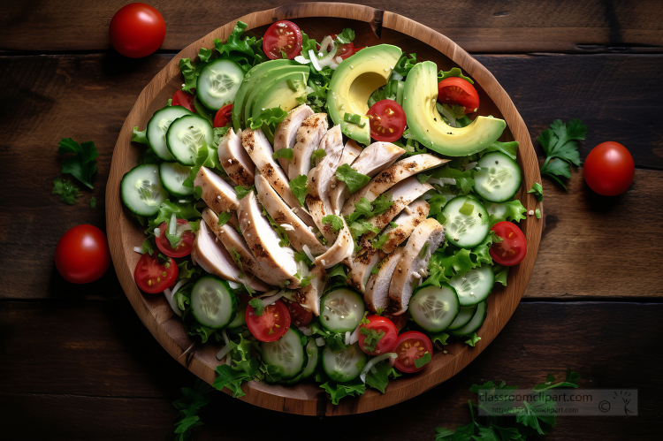 wooden bowl filled with chicken salad chicken avocado tomatoes a