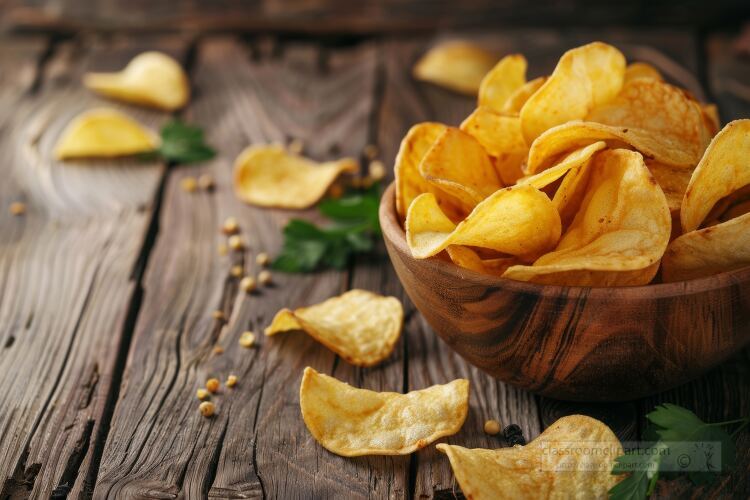 wooden bowl with potato chips on a wood table