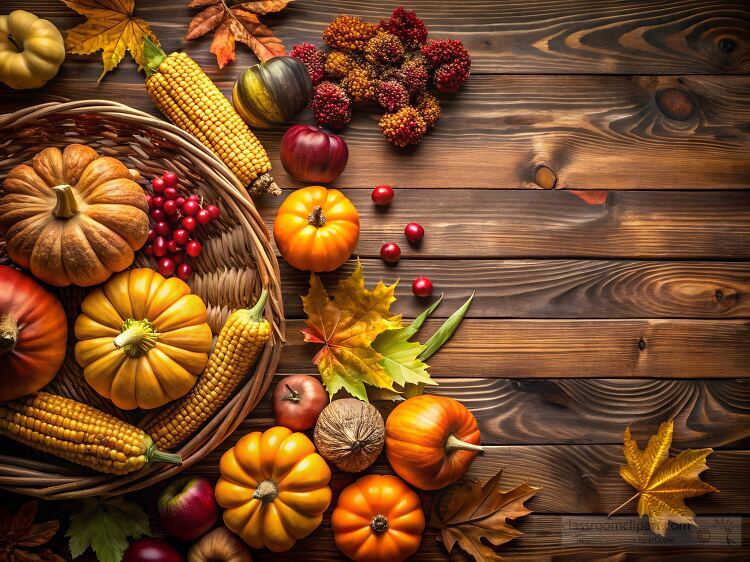 woven basket filled with pumpkins corn red berries and seasonal 