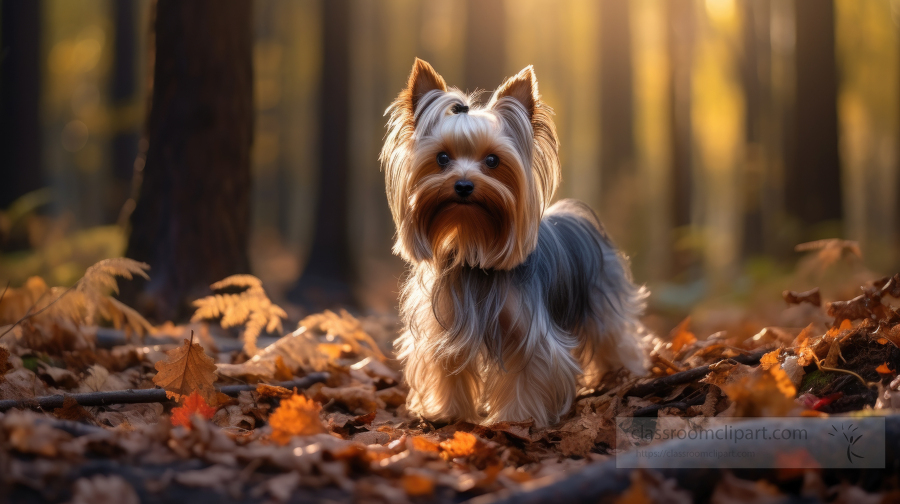 Yorkshire Terrier dog stands in fall leaves