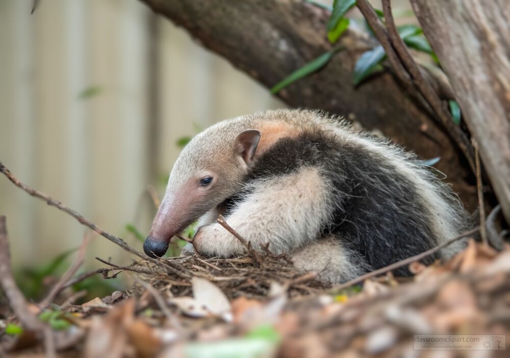 young anteater rests curled against a tree trunk