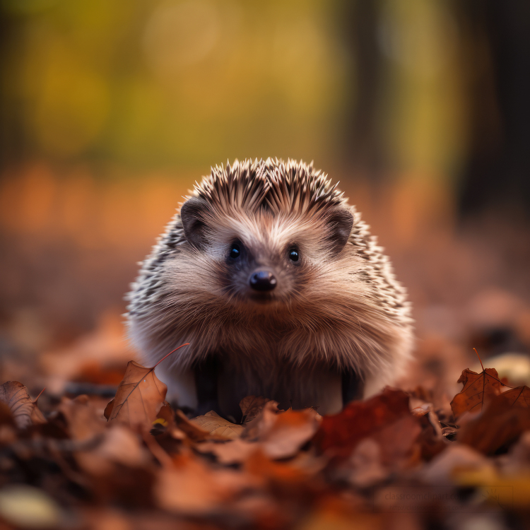 young hedgehog looks friendly walks in fall folliage