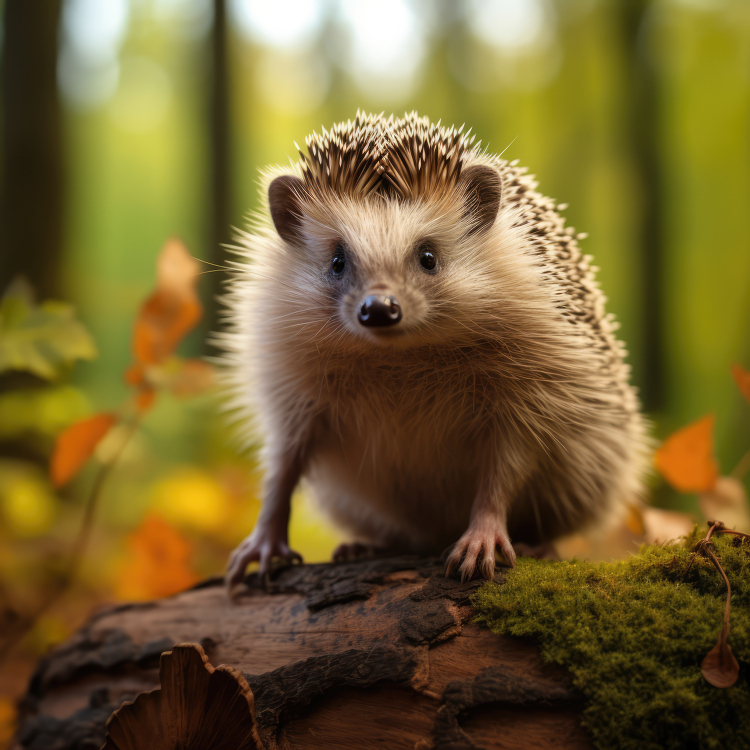 young hedgehog on moss covered tree branch