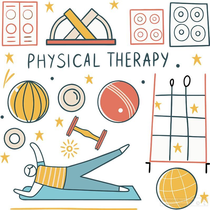 llustration of physical therapy concepts, including exercises, therapy balls, and rehabilitation tools