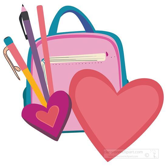 pink backpack with hearts and school supplies