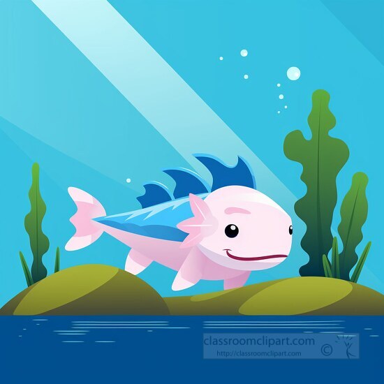 pink blue axolotl swimming under water