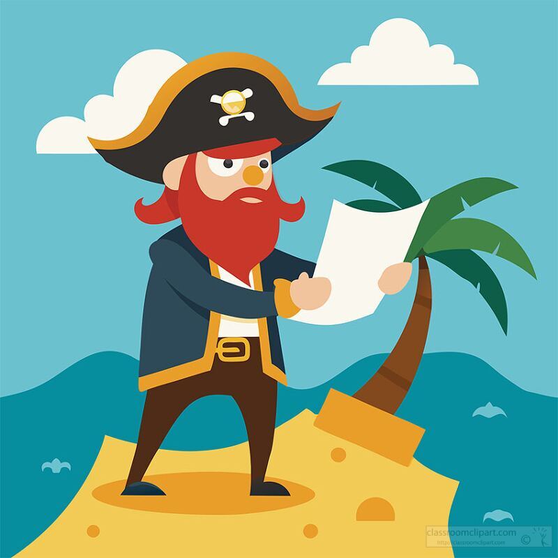 pirate holding a map standing on a tropical island