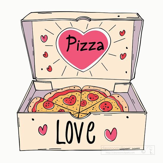 pizza box featuring Love and heart designs with a pizza inside c