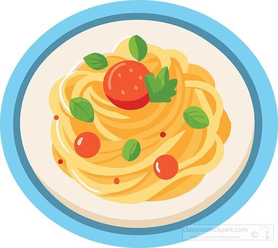 plate of creamy pasta garnished with fresh basil leaves and cherry tomatoes clipart