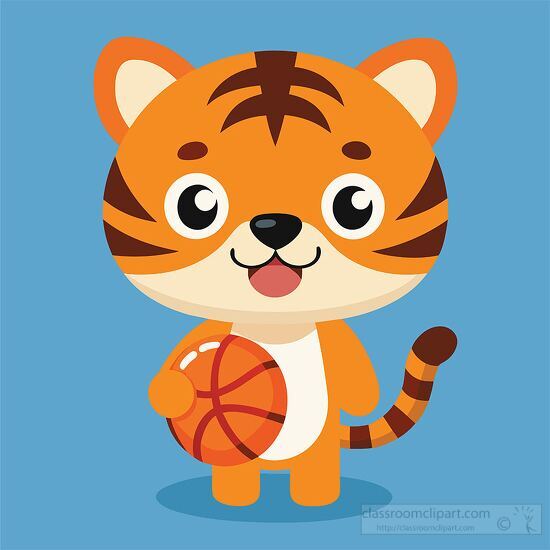 playful cartoon tiger happily carrying a basketball